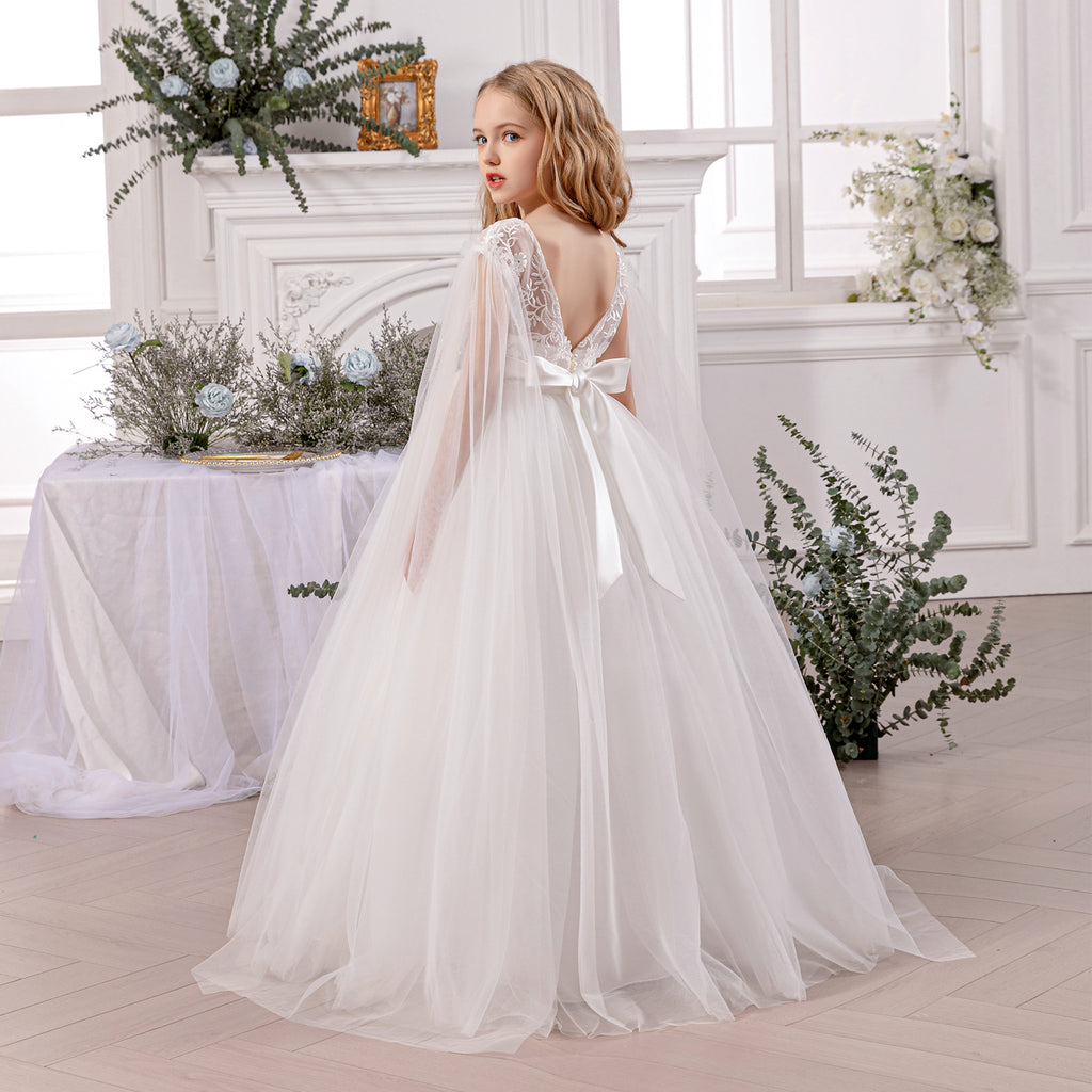 Long mesh flower girl princess evening dress