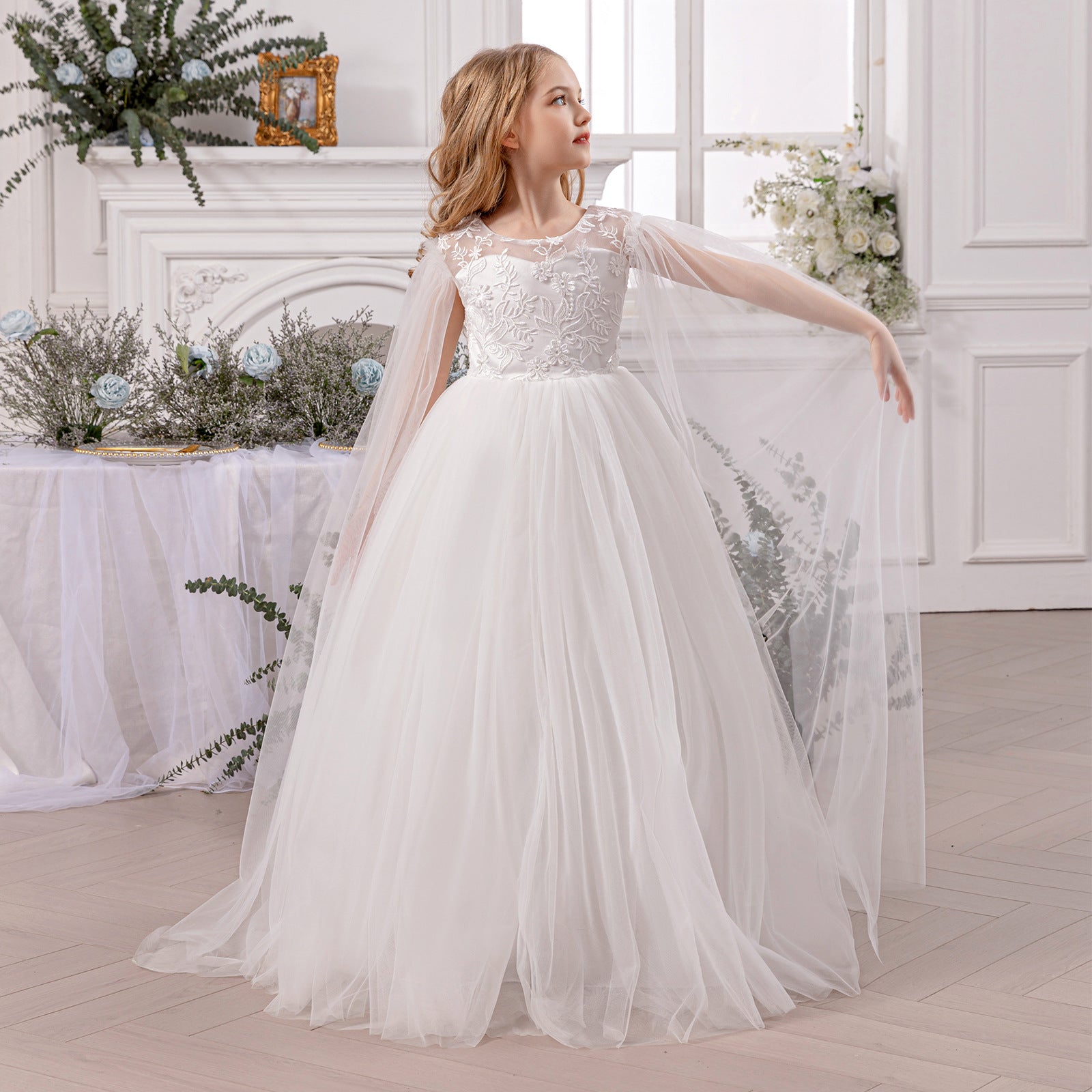 Long mesh flower girl princess evening dress