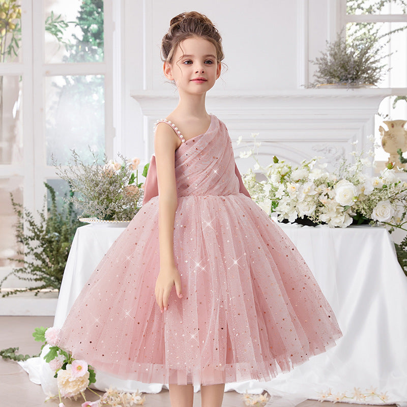 One shoulder bow flower girl princess dress