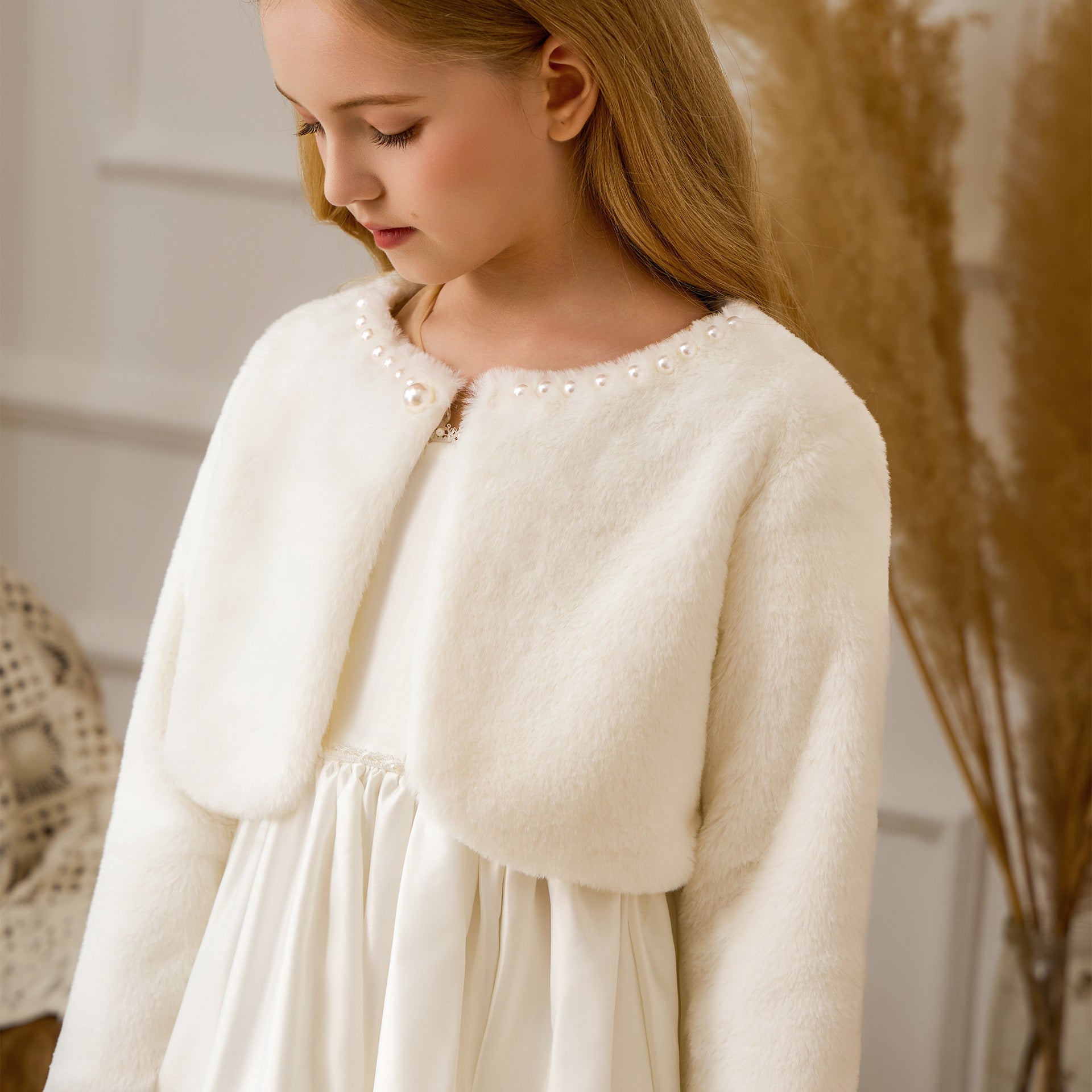 White faux fur bolero with pearl trim for girls