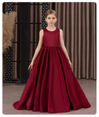 Satin trailing flower girl evening dress with bow