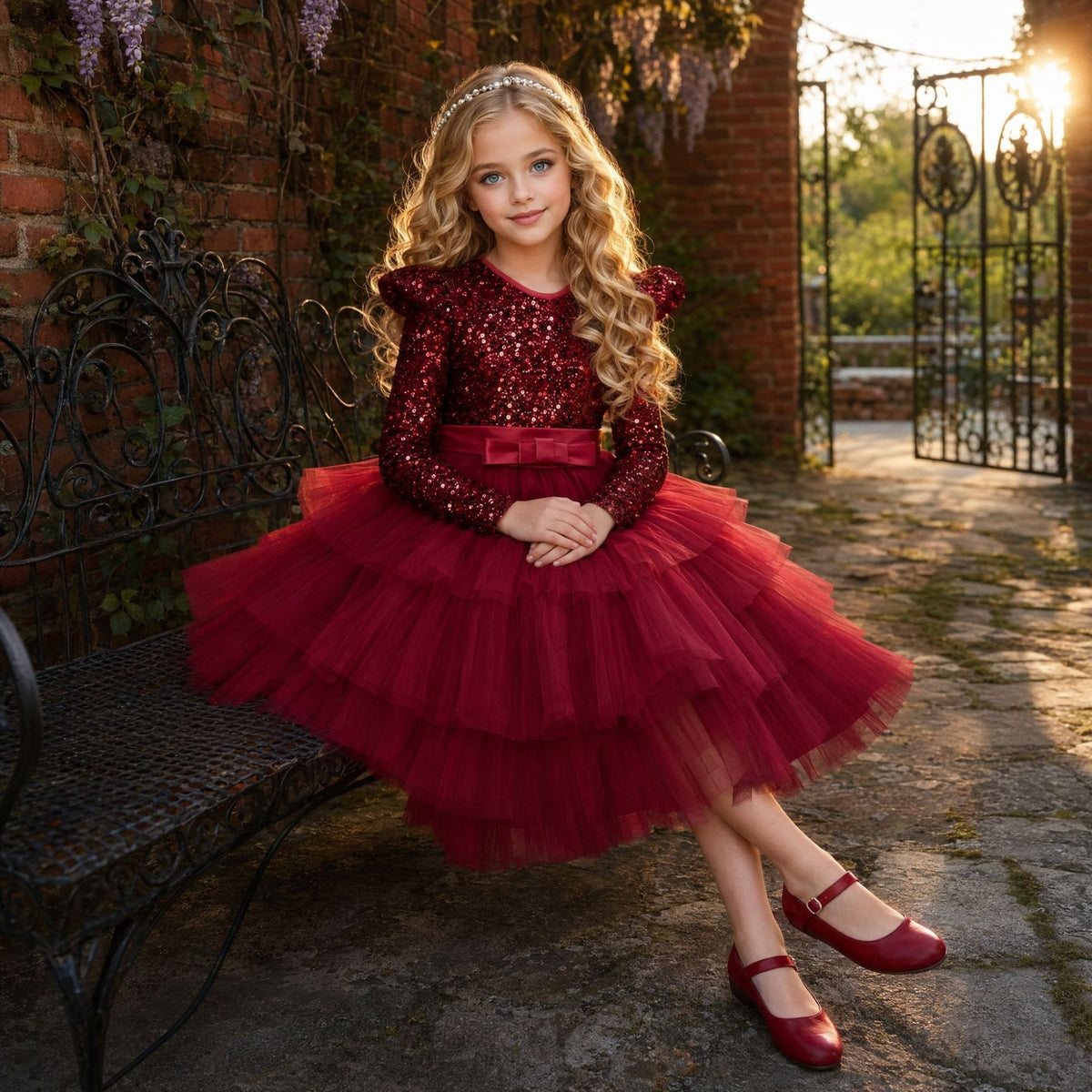 Girls long sleeve sequin Christmas dress with tulle skirt