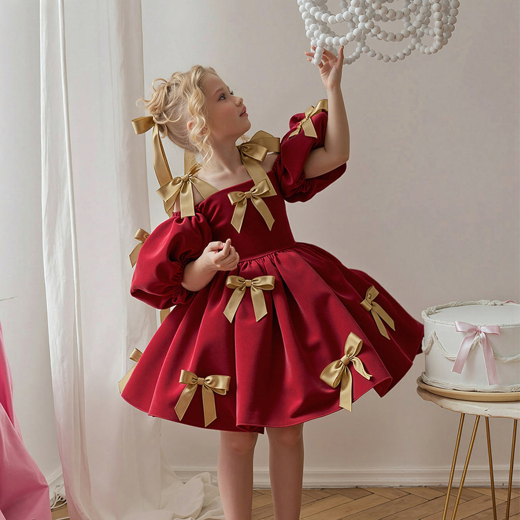 Puff sleeve flower girl wedding dress