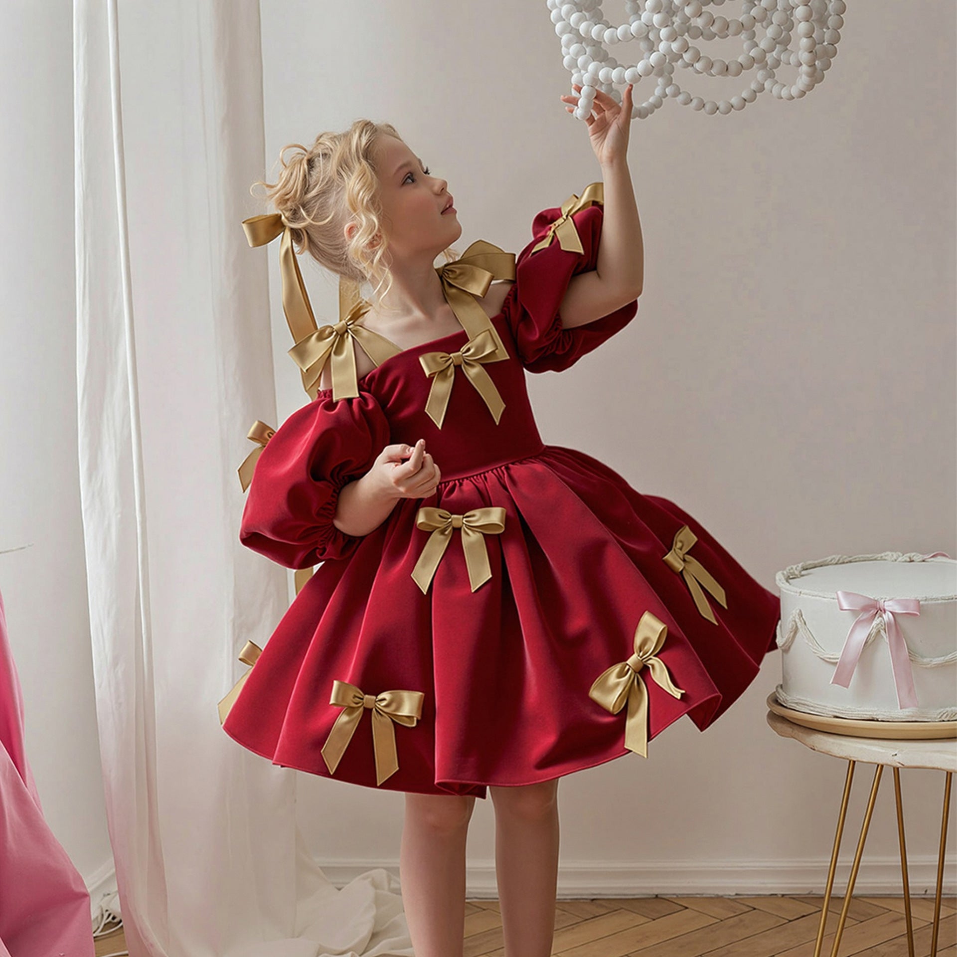 Puff sleeve flower girl wedding dress