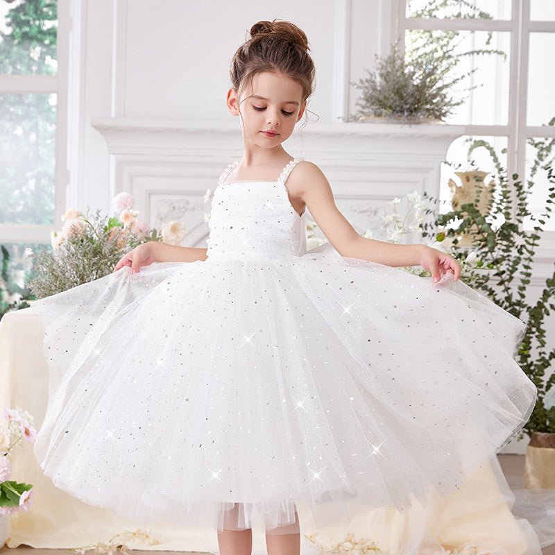 Beaded strap puffy tulle flower girl dress