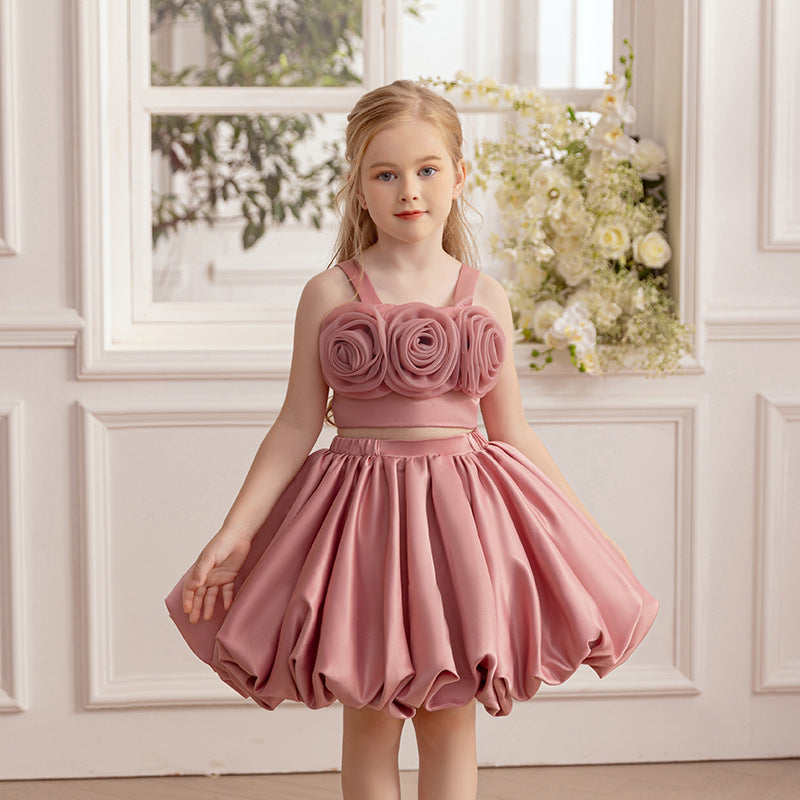 Girls two-piece flower appliqué dress set