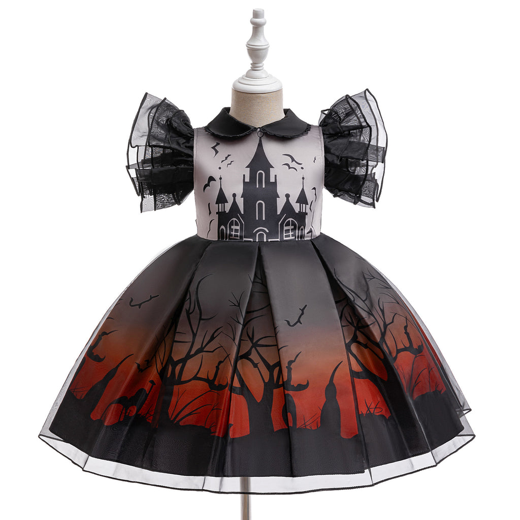 Olivia gothic castle print girls Halloween dress with flutter sleeves