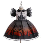 Olivia gothic castle print girls Halloween dress with flutter sleeves