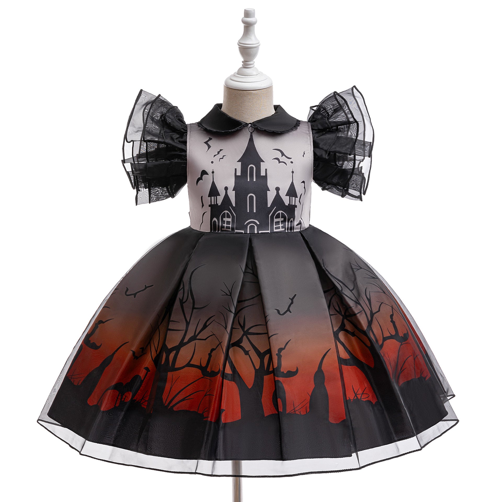 Olivia gothic castle print girls Halloween dress with flutter sleeves