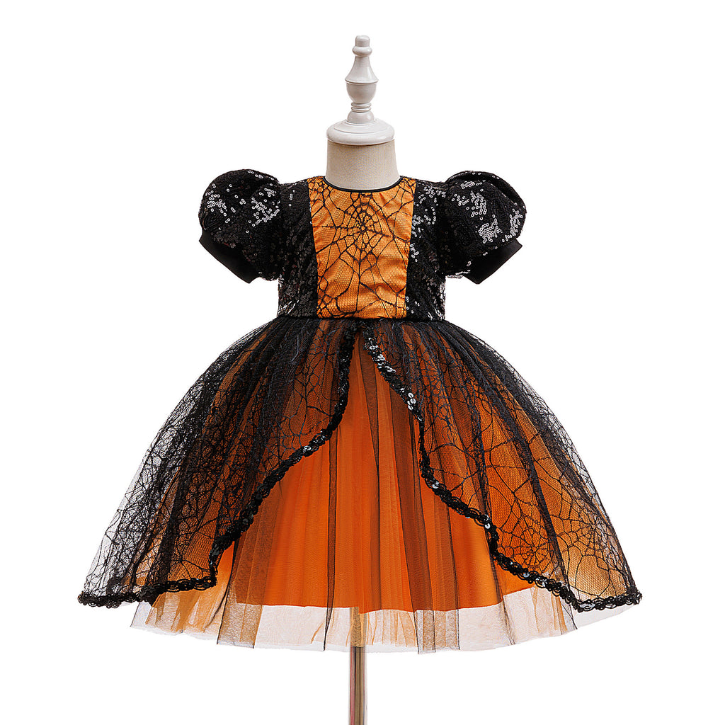 Harper girls spiderweb lace Halloween dress with puff sleeves