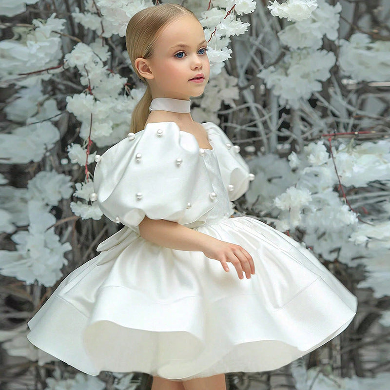 Puff sleeve satin tutu flower girl dress