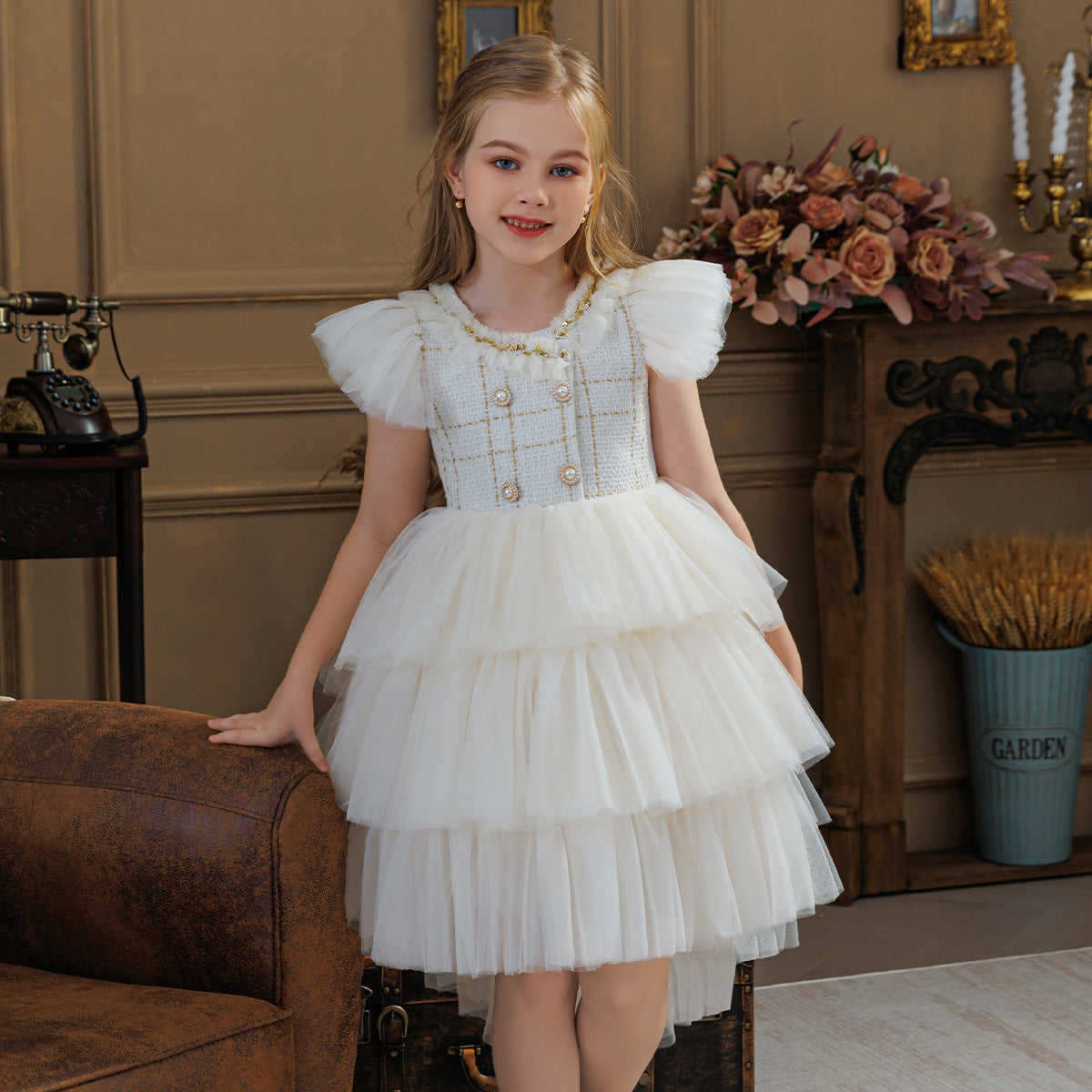 Champagne trailing flower girl princess dress