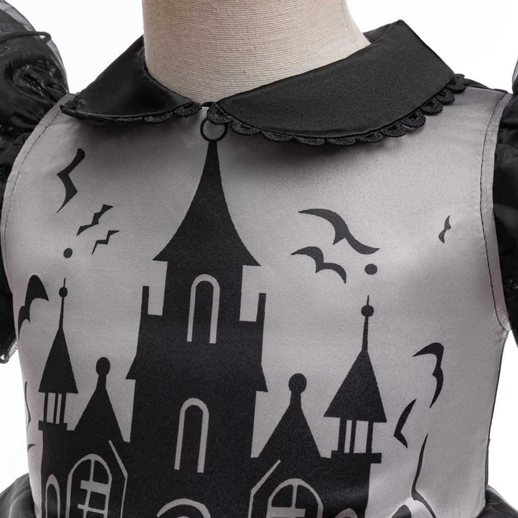 Olivia gothic castle print girls Halloween dress with flutter sleeves