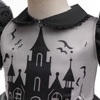 Olivia gothic castle print girls Halloween dress with flutter sleeves