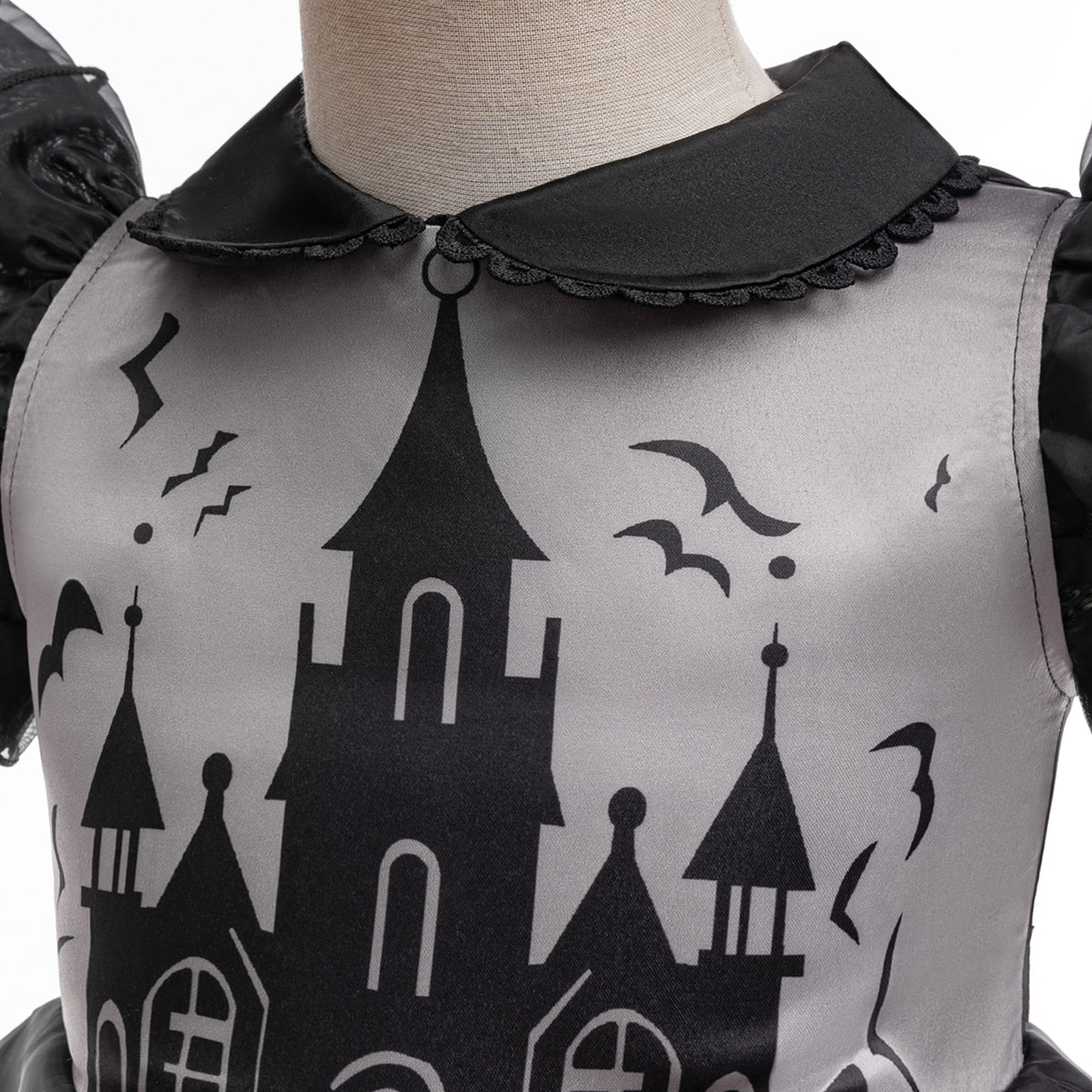 Olivia gothic castle print girls Halloween dress with flutter sleeves