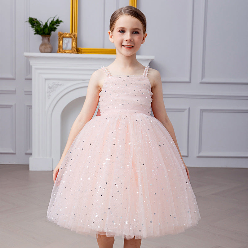 Beaded strap puffy tulle flower girl dress