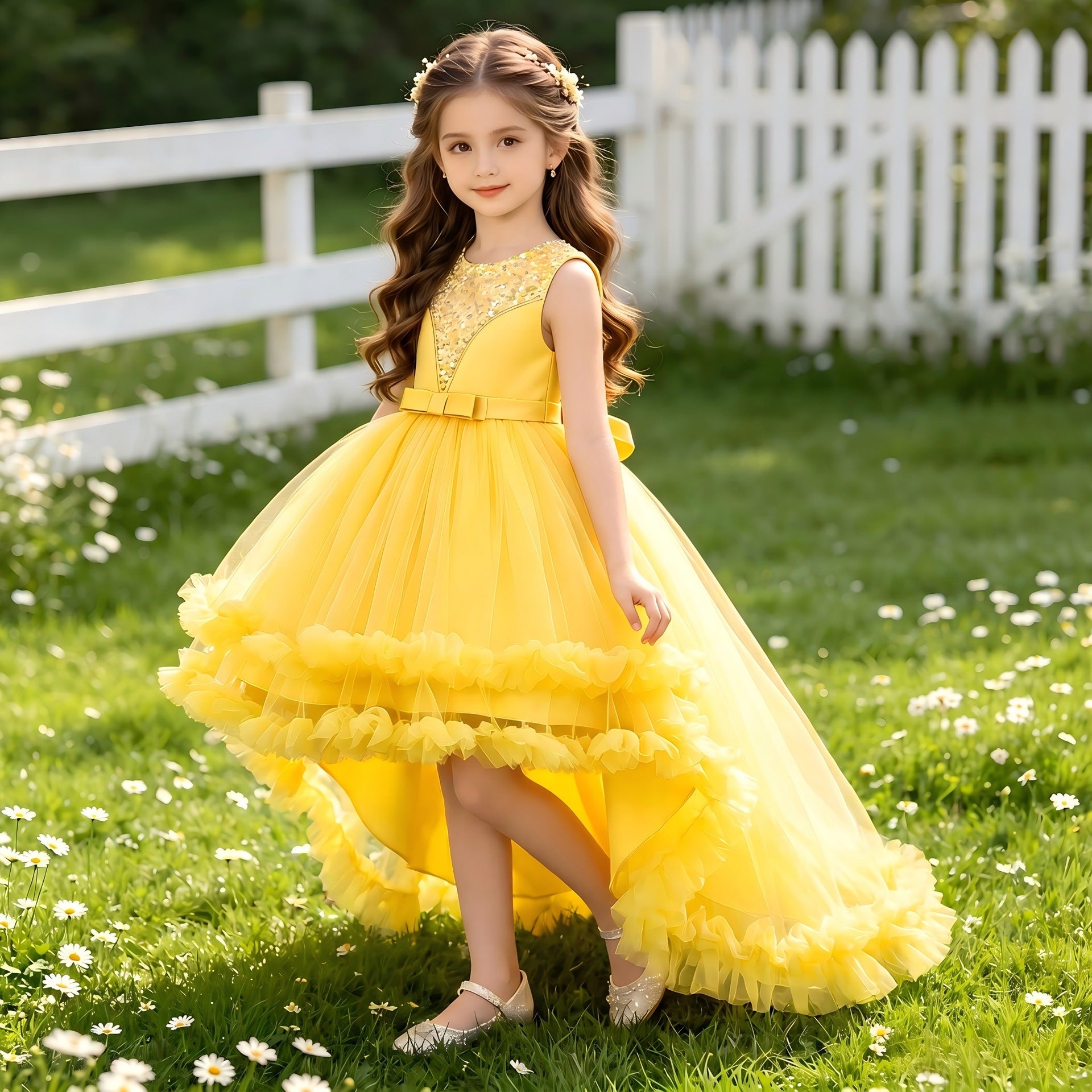 Girls Christmas dress with puffy tulle trailing skirt
