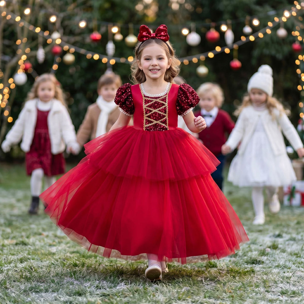 Girls long tulle Christmas princess dress with matching headband