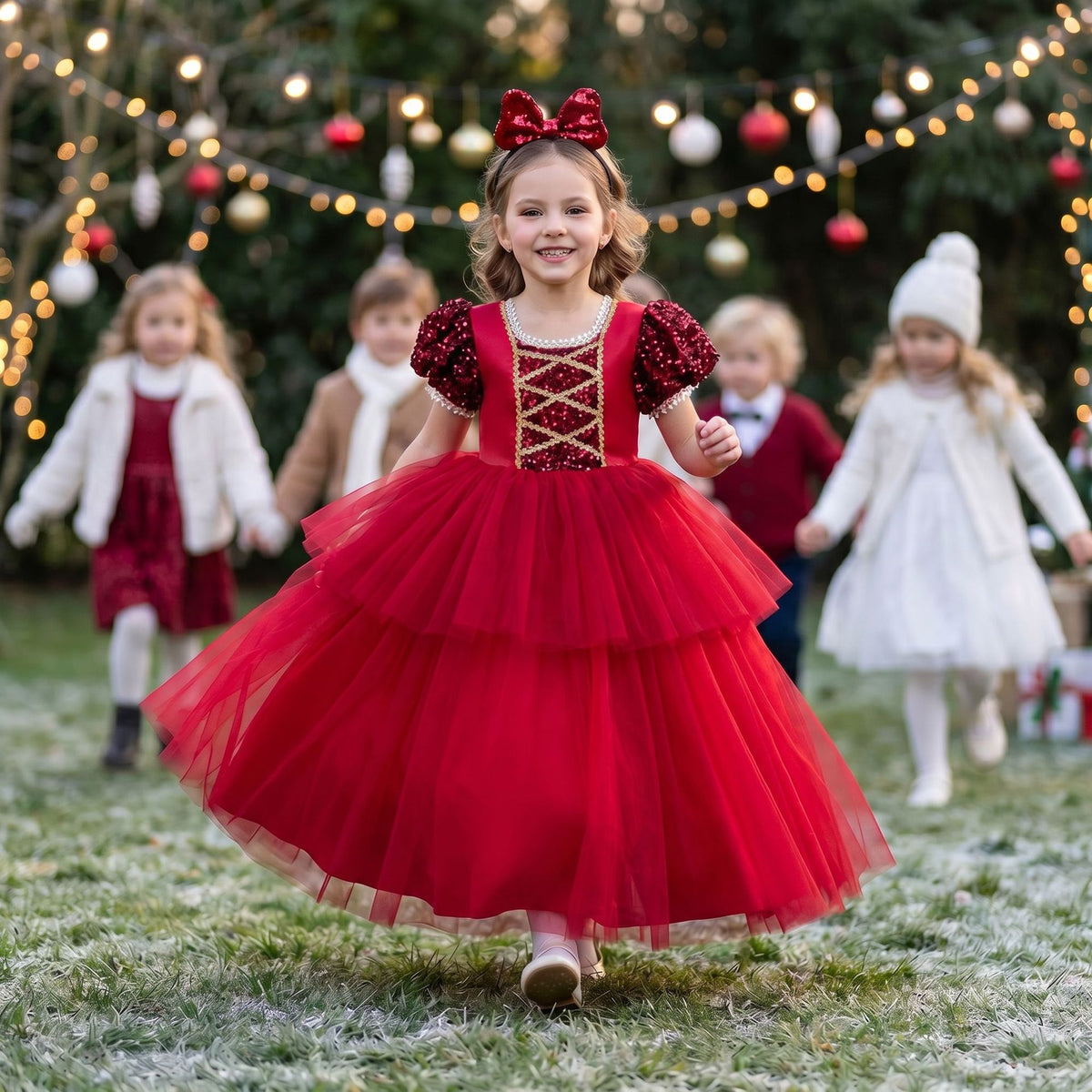 Girls long tulle Christmas princess dress with matching headband