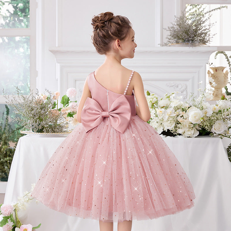 One shoulder bow flower girl princess dress