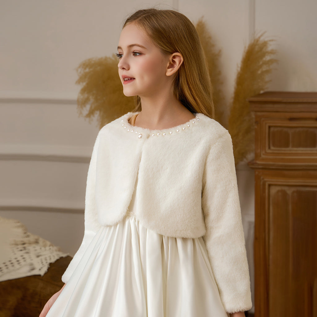 White faux fur bolero with pearl trim for girls