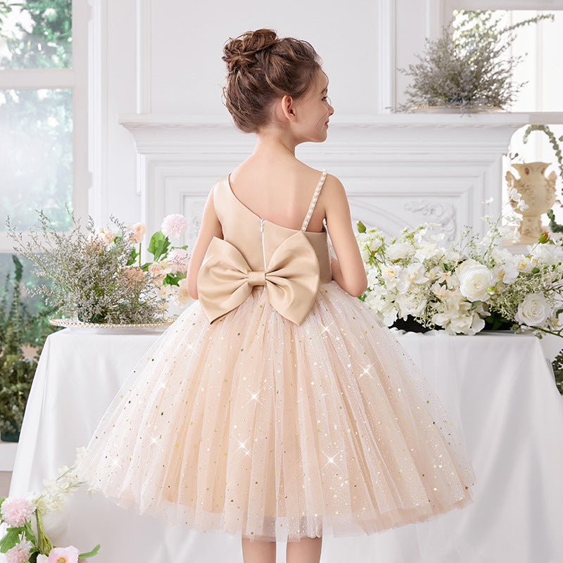 One shoulder bow flower girl princess dress