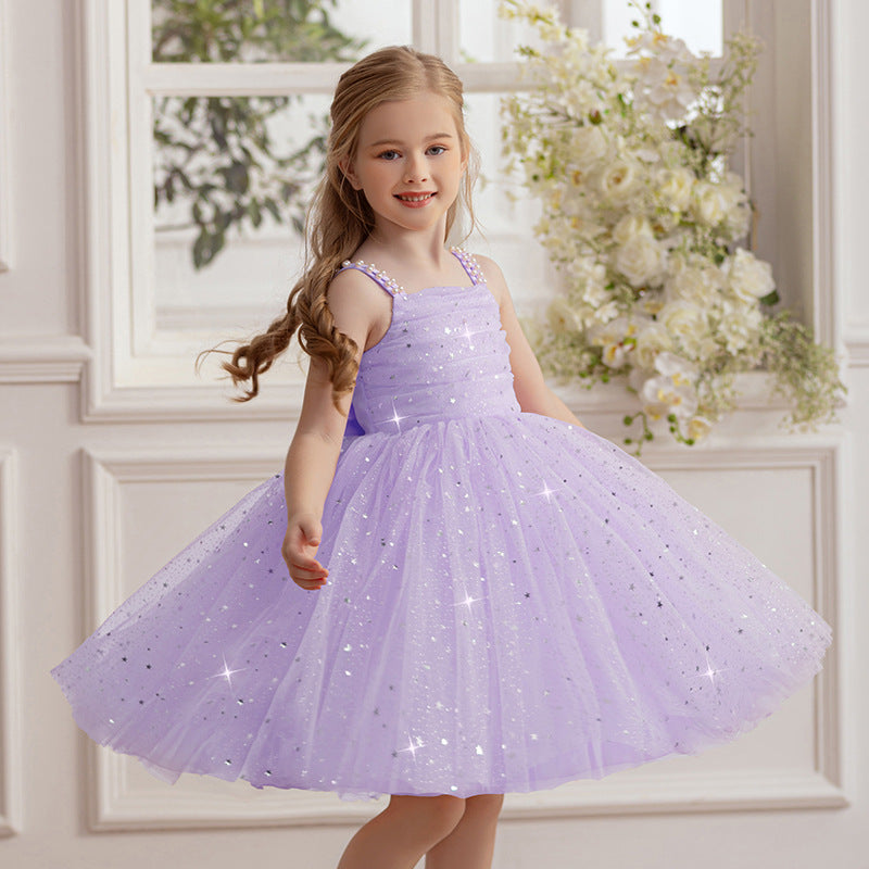Beaded strap puffy tulle flower girl dress