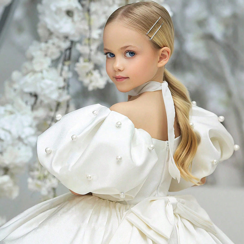 Puff sleeve satin tutu flower girl dress