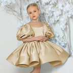 Puff sleeve satin tutu flower girl dress