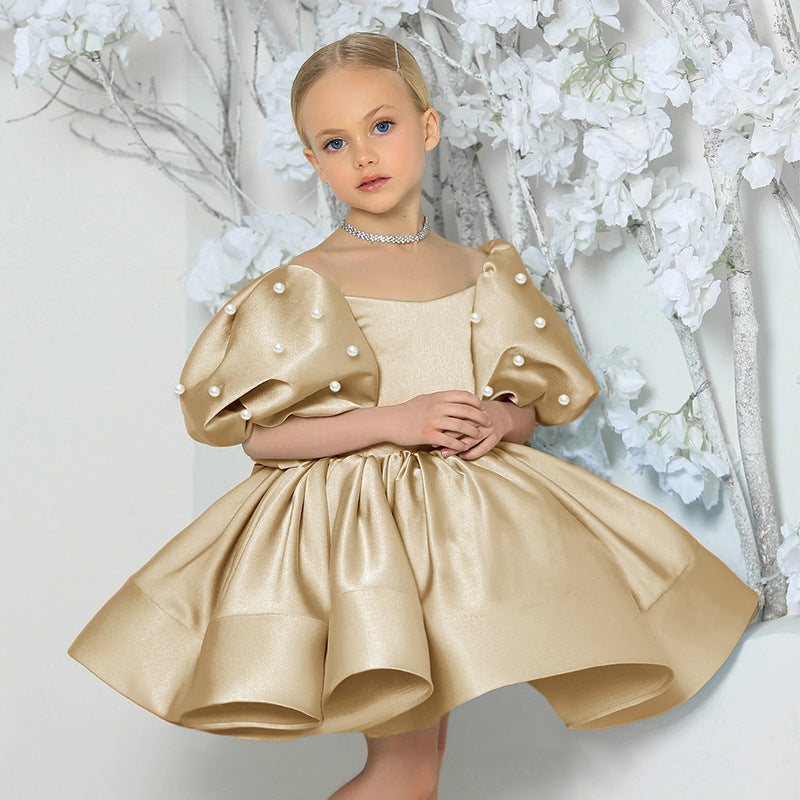 Puff sleeve satin tutu flower girl dress