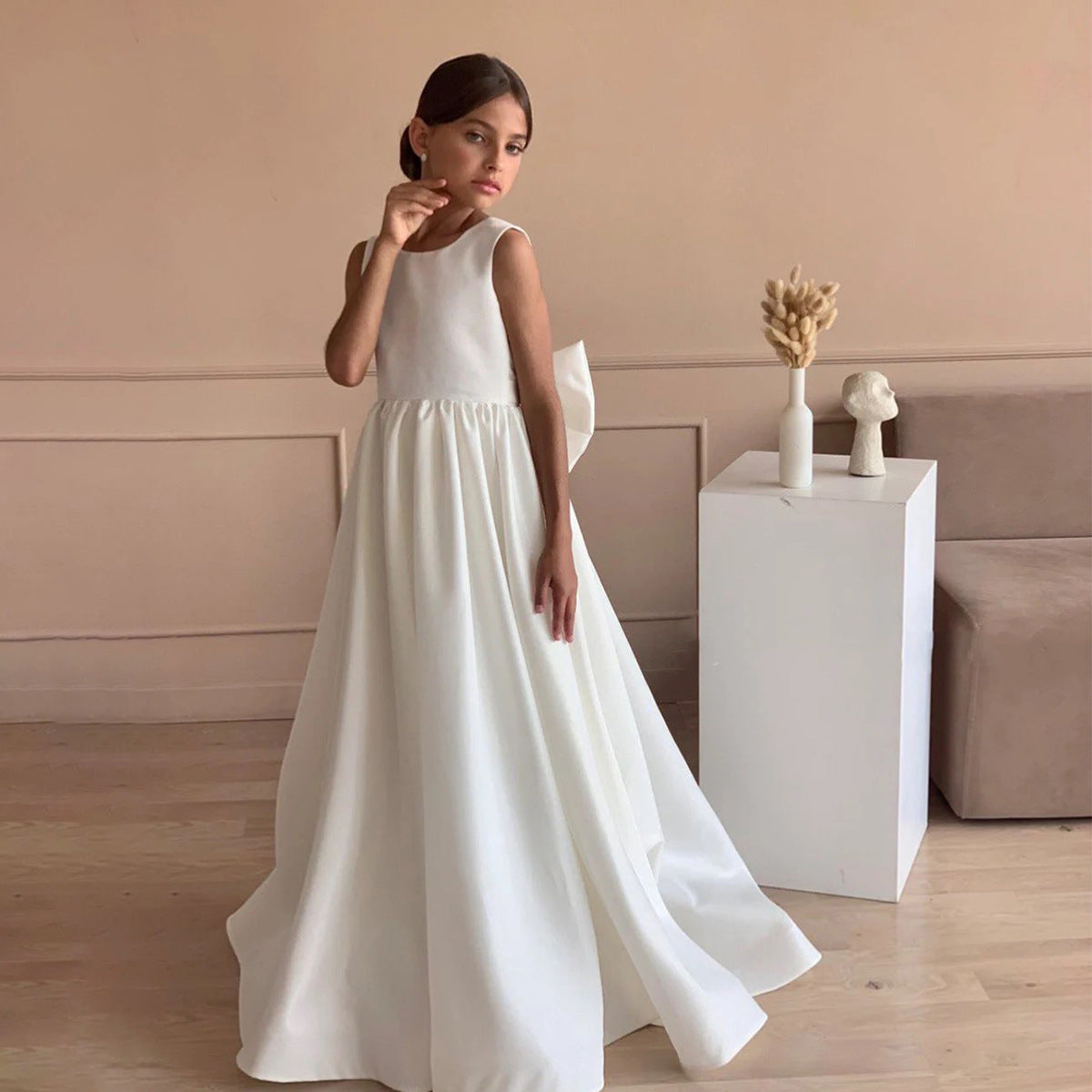Satin trailing flower girl evening dress with bow