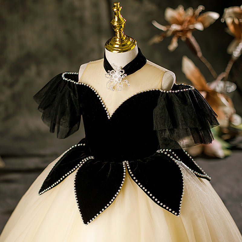 Champagne feather-sleeve princess runway dress for girls