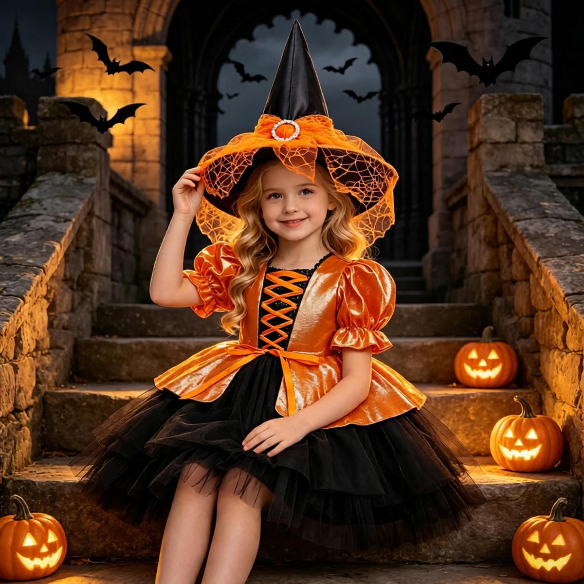 Ava girls Halloween witch costume dress with tutu skirt and witch hat