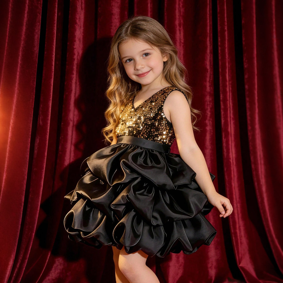 Gold sequin bodice party evening gown for girls