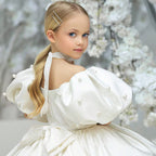 Puff sleeve satin tutu flower girl dress