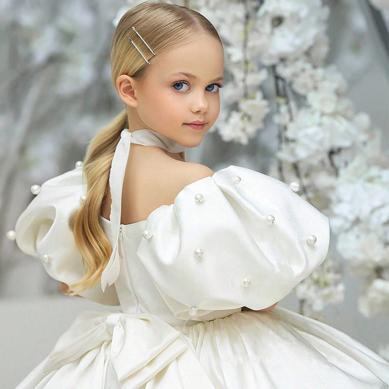 Puff sleeve satin tutu flower girl dress
