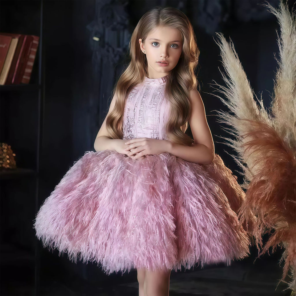 Girls feather fringe textured party dress