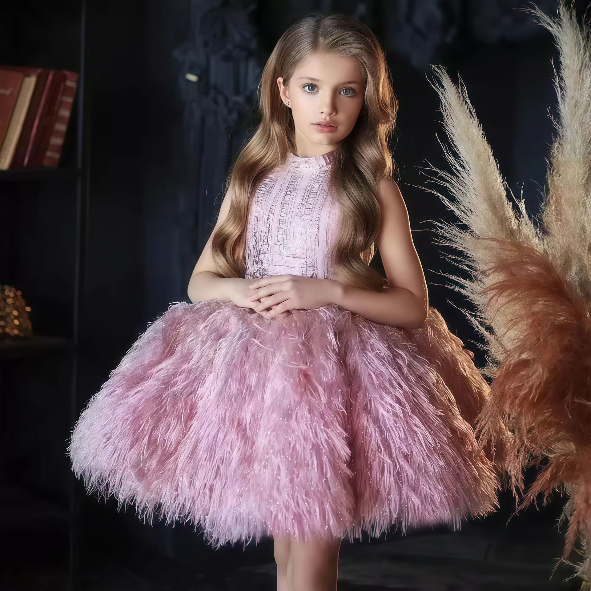 Girls feather fringe textured party dress
