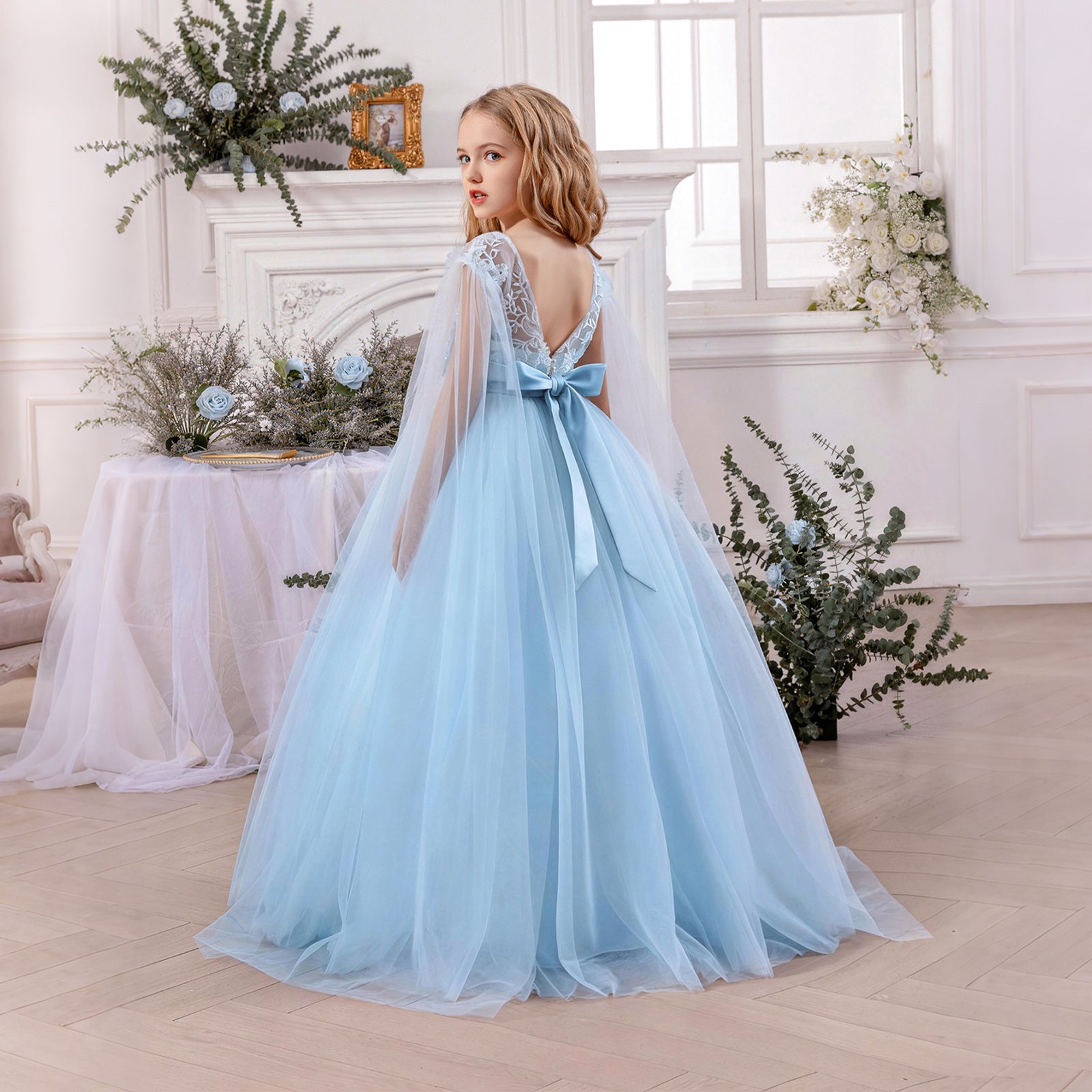Long mesh flower girl princess evening dress
