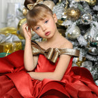Off-shoulder satin Christmas party dress for girls
