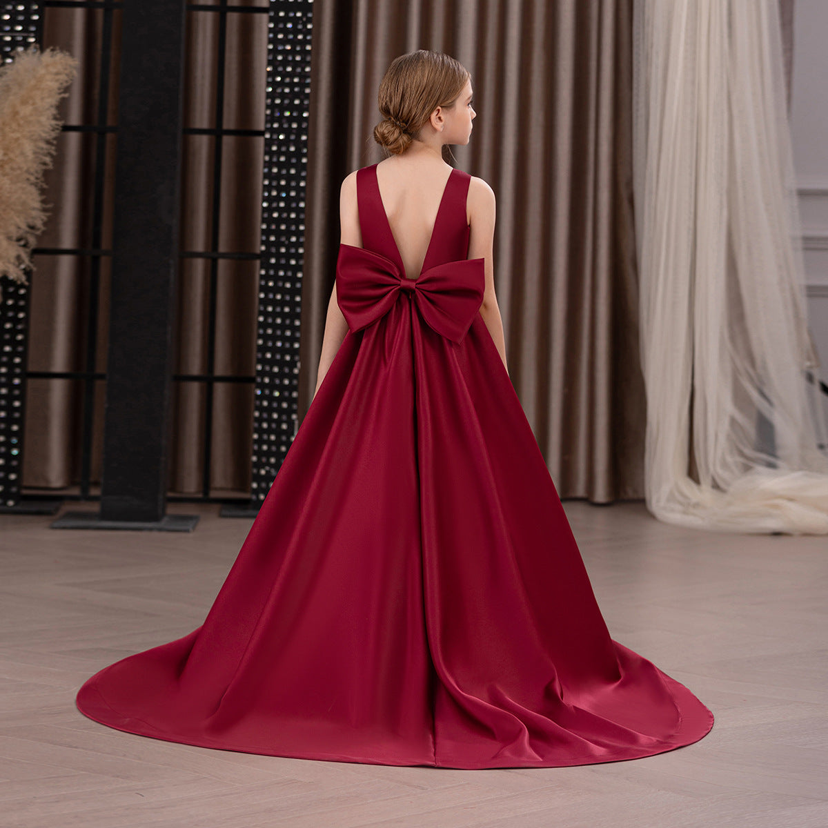 Satin trailing flower girl evening dress with bow