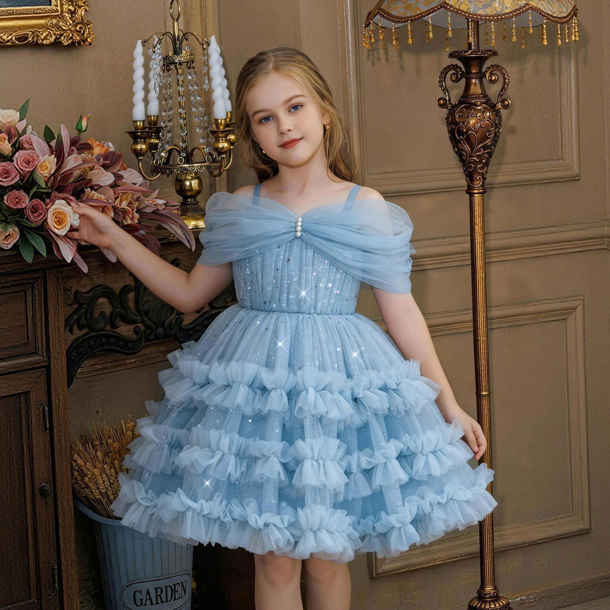 One shoulder ruffle cake girls birthday dress