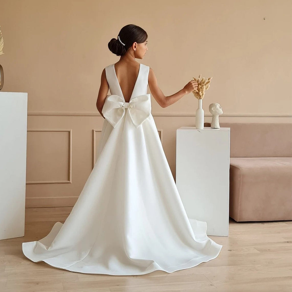 Satin trailing flower girl evening dress with bow