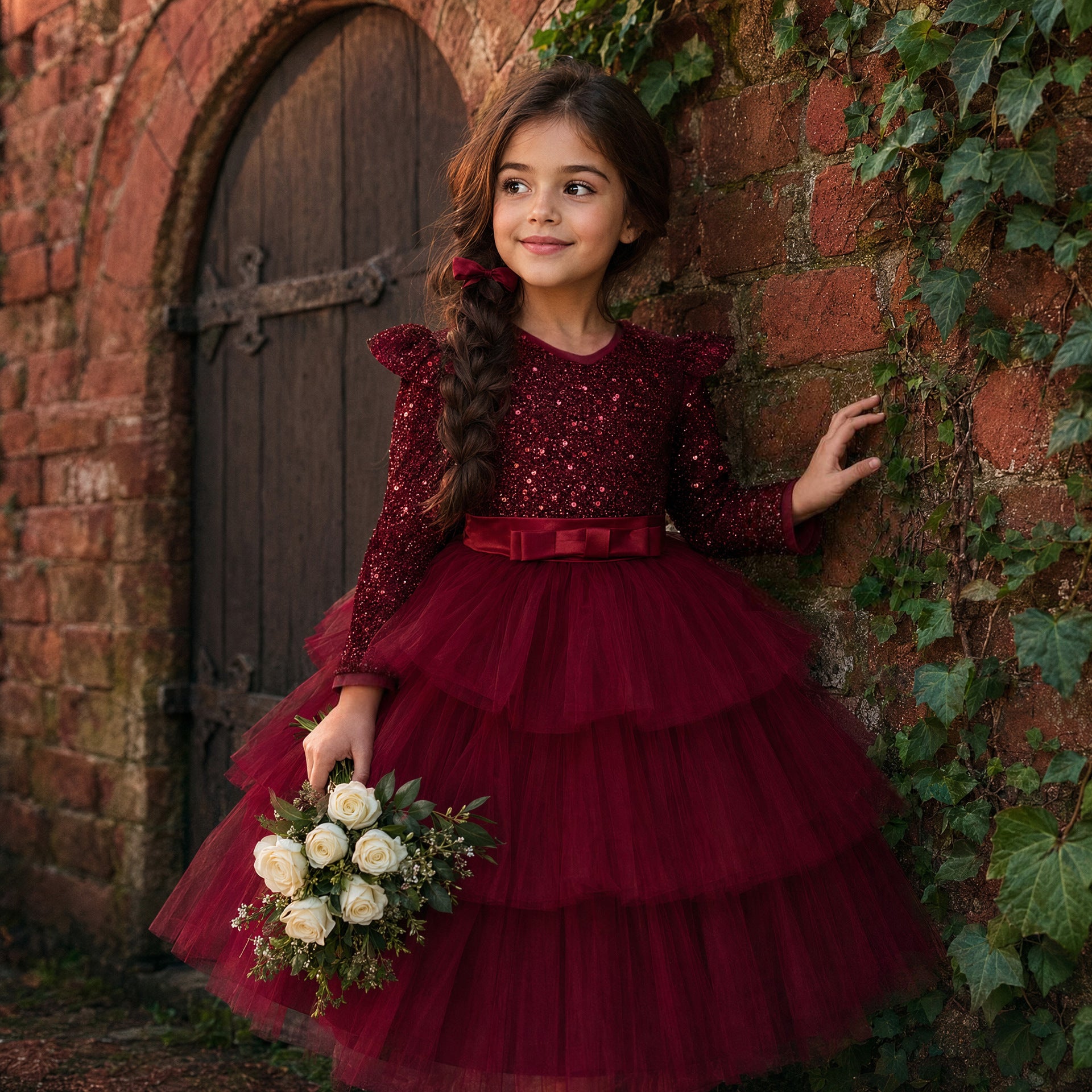 Girls long sleeve sequin Christmas dress with tulle skirt