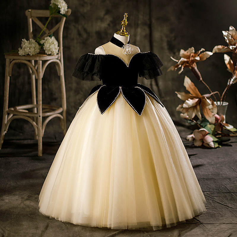 Champagne feather-sleeve princess runway dress for girls