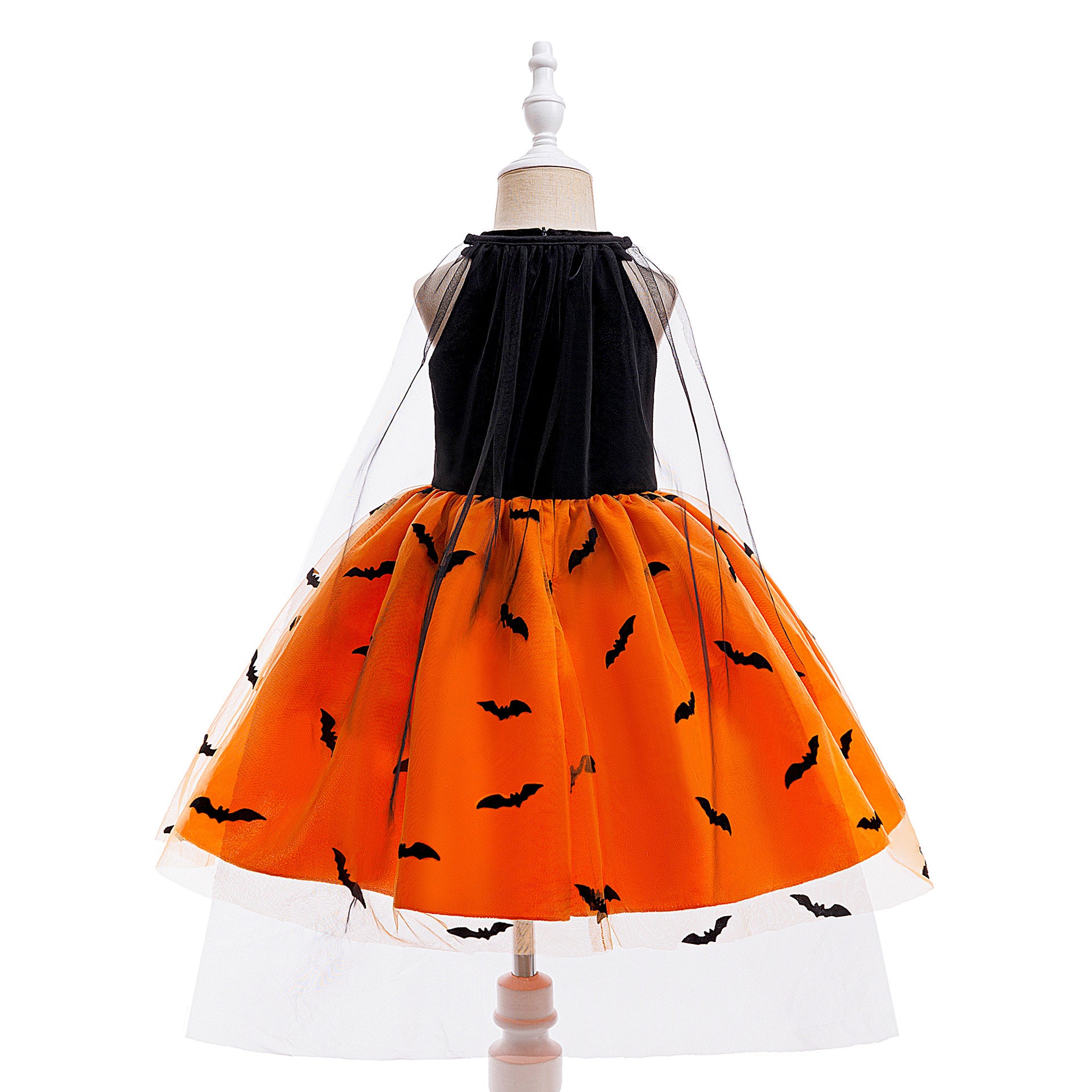 Sophia girls orange bat print Halloween dress with cape sleeves