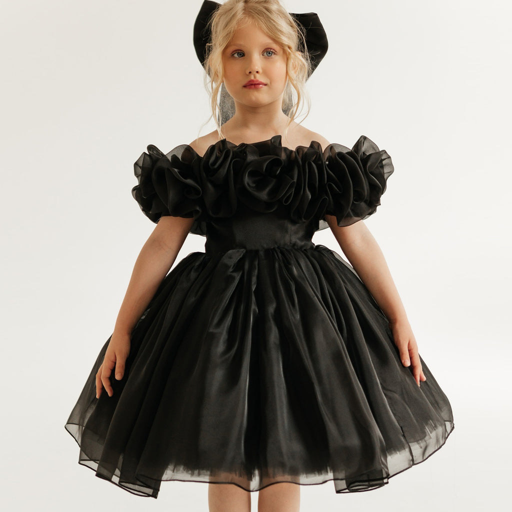 Black fluffy mesh girls princess party dress
