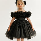 Black fluffy mesh girls princess party dress
