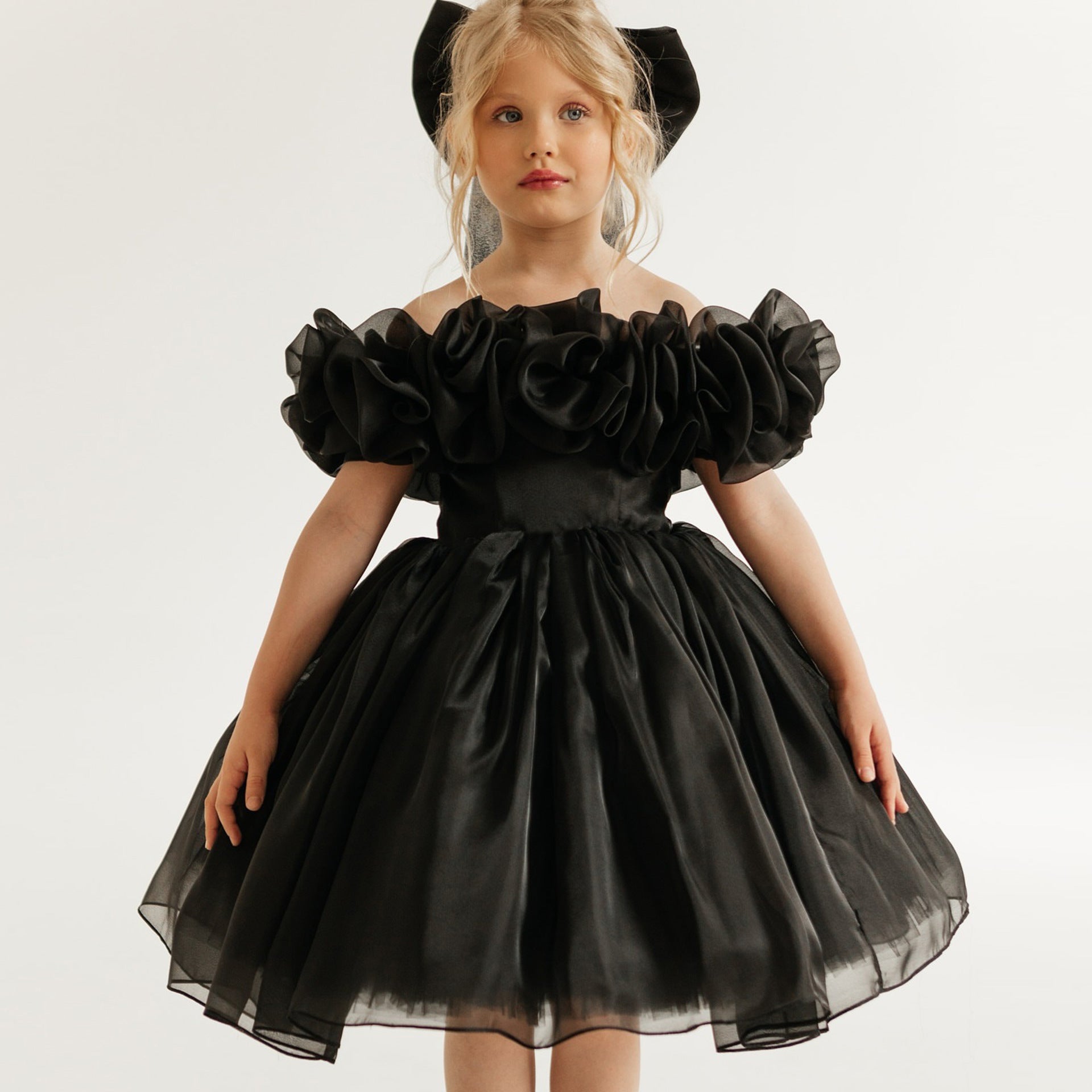Black fluffy mesh girls princess party dress