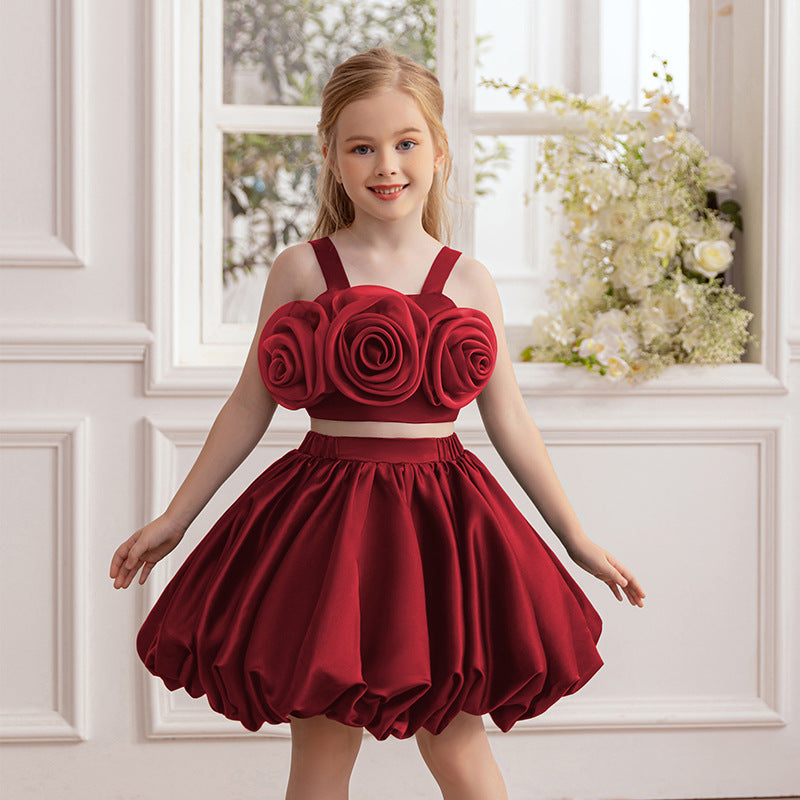 Girls two-piece flower appliqué dress set